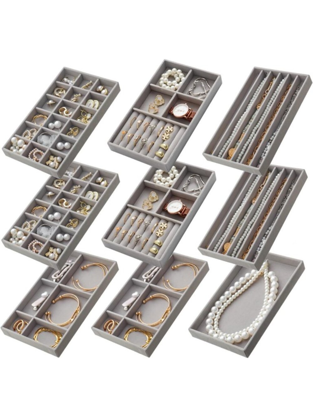 Stackable Velvet Jewelry Organizer Set of 9 - Earring, Necklace, Ring & Bracelet